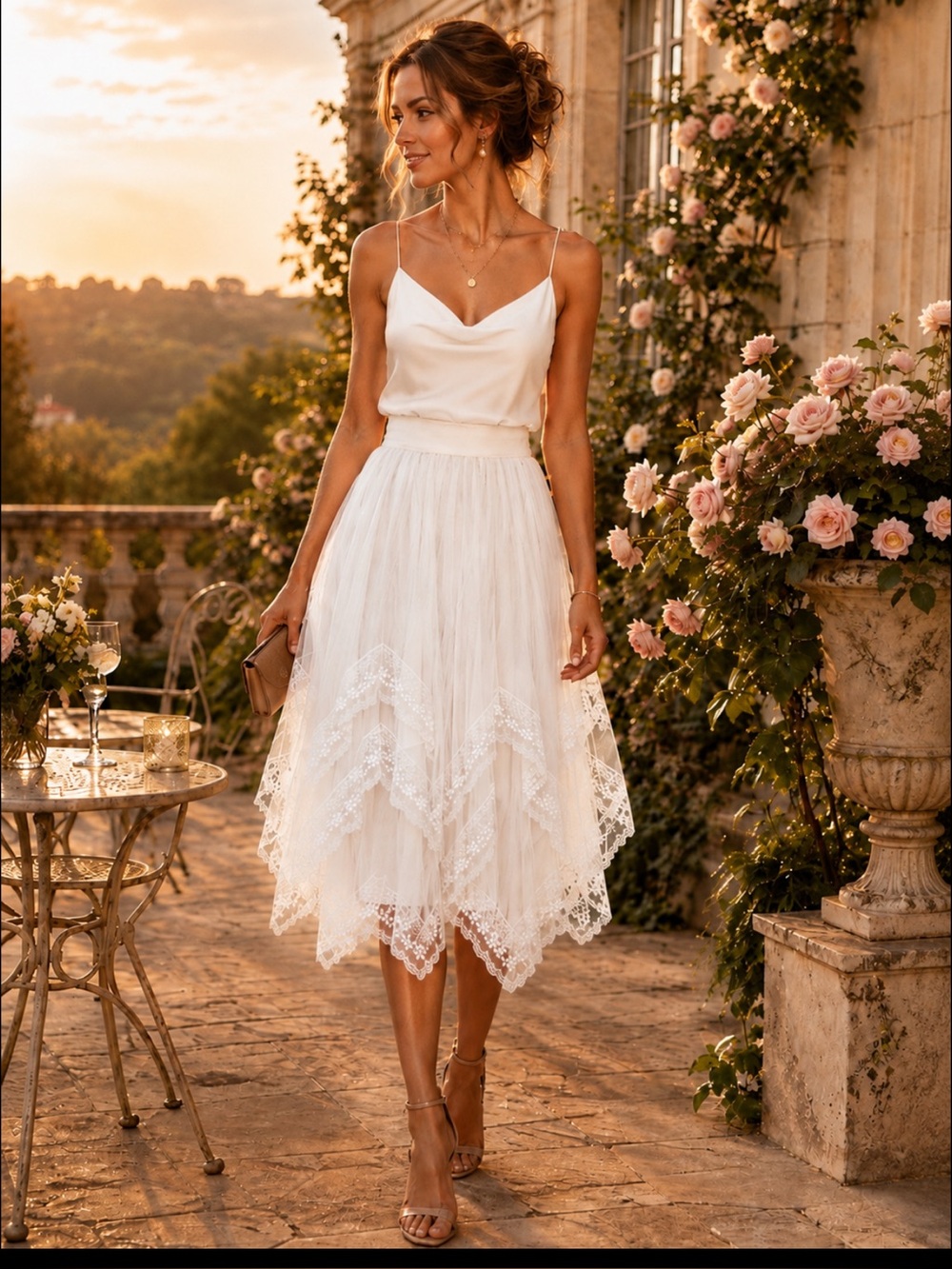 White Tulle Lace Handkerchief Hem Midi Skirt Fairycore Romantic